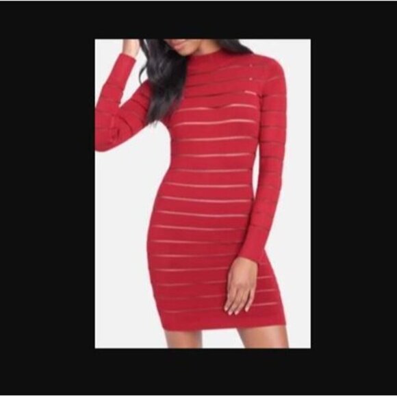 NEW Bebe Goji Berry Red Sheer Stripe Sweater Dress Sheath Bodycon Size Small - Picture 2 of 10